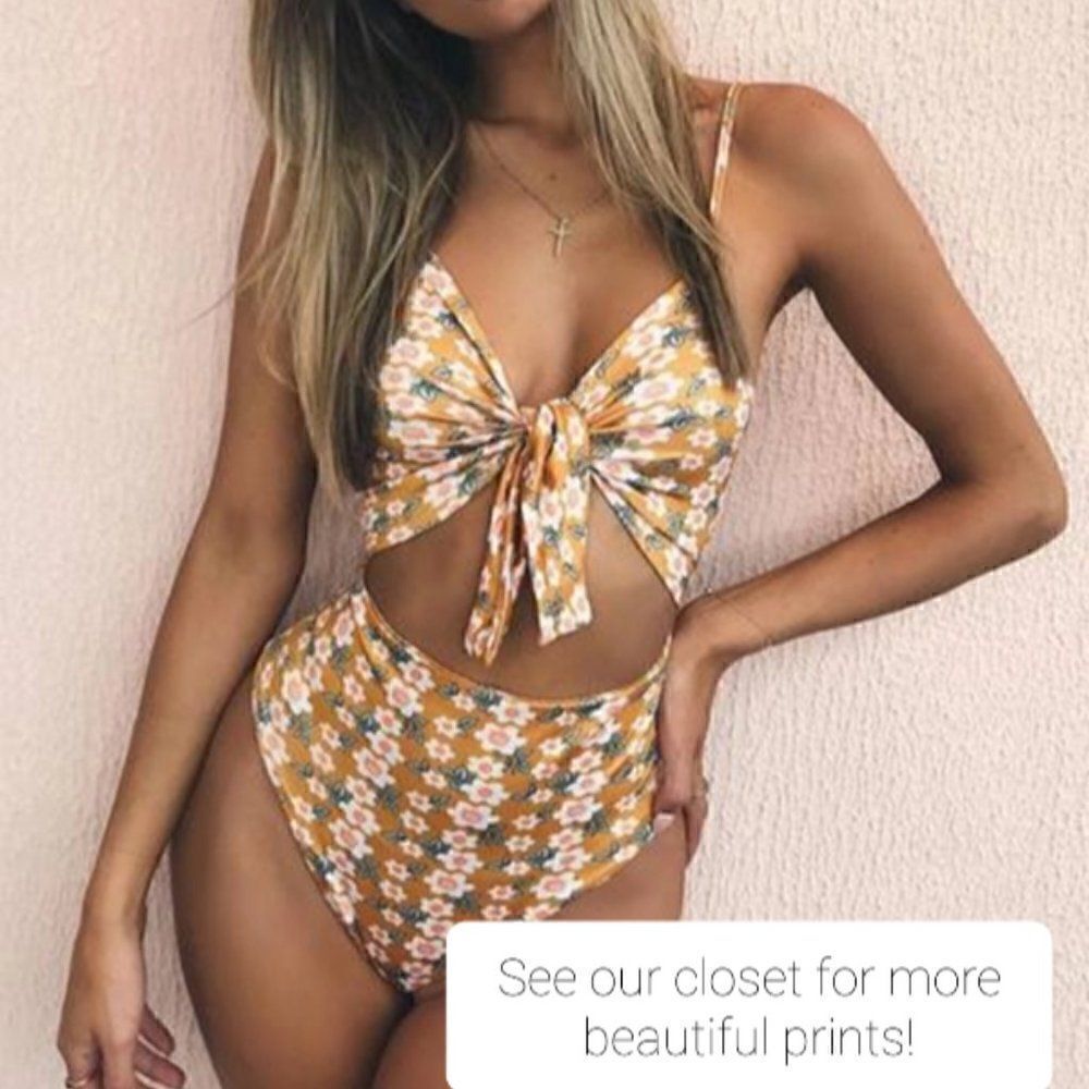 Monkini Suit Junior XL Gold Blue Floral Halter Tie Cut Out - Picture 10 of 12